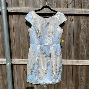 Vince Camuto Metallic Jacquard silver/ baby blue fit and flare dress size 12